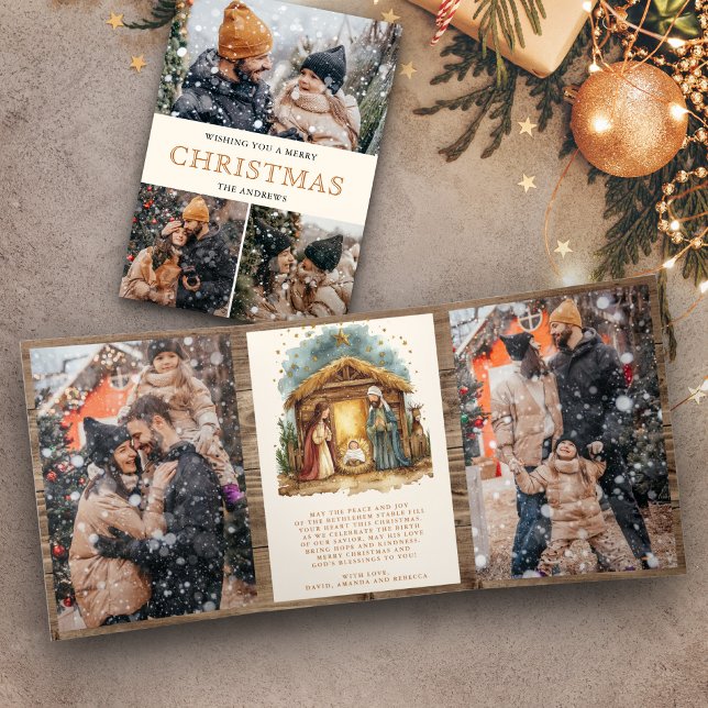 Rustic Nativity Scene Photo Collage Christmas Tri-Fold Holiday Card (Creator Uploaded)