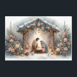 Rustic Nativity Scene with Winter Florals Acrylic Print<br><div class="desc">This serene nativity scene captures the peaceful beauty of the Holy Family beneath a rustic wooden stable, gently lit by lanterns and surrounded by soft snowfall. The design features Mary, Joseph, and baby Jesus in a warm, reverent moment, accentuated by delicate winter florals, snow-covered pine branches, and glowing string lights....</div>