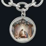 Rustic Nativity Scene with Winter Florals Bracelet<br><div class="desc">This serene nativity scene captures the peaceful beauty of the Holy Family beneath a rustic wooden stable, gently lit by lanterns and surrounded by soft snowfall. The design features Mary, Joseph, and baby Jesus in a warm, reverent moment, accentuated by delicate winter florals, snow-covered pine branches, and glowing string lights....</div>
