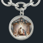 Rustic Nativity Scene with Winter Florals Bracelet<br><div class="desc">This serene nativity scene captures the peaceful beauty of the Holy Family beneath a rustic wooden stable, gently lit by lanterns and surrounded by soft snowfall. The design features Mary, Joseph, and baby Jesus in a warm, reverent moment, accentuated by delicate winter florals, snow-covered pine branches, and glowing string lights....</div>