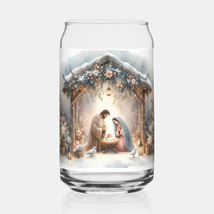 Rustic Nativity Scene with Winter Florals Can Glass