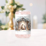 Rustic Nativity Scene with Winter Florals Can Glass<br><div class="desc">This serene nativity scene captures the peaceful beauty of the Holy Family beneath a rustic wooden stable, gently lit by lanterns and surrounded by soft snowfall. The design features Mary, Joseph, and baby Jesus in a warm, reverent moment, accentuated by delicate winter florals, snow-covered pine branches, and glowing string lights....</div>
