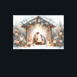 Rustic Nativity Scene with Winter Florals Canvas Print<br><div class="desc">This serene nativity scene captures the peaceful beauty of the Holy Family beneath a rustic wooden stable, gently lit by lanterns and surrounded by soft snowfall. The design features Mary, Joseph, and baby Jesus in a warm, reverent moment, accentuated by delicate winter florals, snow-covered pine branches, and glowing string lights....</div>