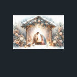 Rustic Nativity Scene with Winter Florals Canvas Print<br><div class="desc">This serene nativity scene captures the peaceful beauty of the Holy Family beneath a rustic wooden stable, gently lit by lanterns and surrounded by soft snowfall. The design features Mary, Joseph, and baby Jesus in a warm, reverent moment, accentuated by delicate winter florals, snow-covered pine branches, and glowing string lights....</div>