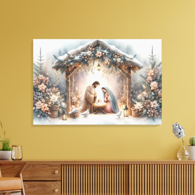 Rustic Nativity Scene with Winter Florals Canvas Print (Insitu(LivingRoom))
