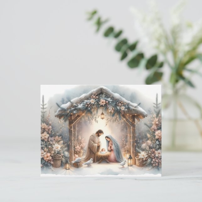 Rustic Nativity Scene with Winter Florals Card (Standing Front)