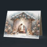 Rustic Nativity Scene with Winter Florals Card<br><div class="desc">This serene nativity scene captures the peaceful beauty of the Holy Family beneath a rustic wooden stable, gently lit by lanterns and surrounded by soft snowfall. The design features Mary, Joseph, and baby Jesus in a warm, reverent moment, accentuated by delicate winter florals, snow-covered pine branches, and glowing string lights....</div>