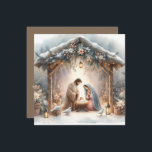 Rustic Nativity Scene with Winter Florals Card<br><div class="desc">This serene nativity scene captures the peaceful beauty of the Holy Family beneath a rustic wooden stable, gently lit by lanterns and surrounded by soft snowfall. The design features Mary, Joseph, and baby Jesus in a warm, reverent moment, accentuated by delicate winter florals, snow-covered pine branches, and glowing string lights....</div>