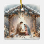 Rustic Nativity Scene with Winter Florals Card Ceramic Ornament<br><div class="desc">This serene nativity scene captures the peaceful beauty of the Holy Family beneath a rustic wooden stable, gently lit by lanterns and surrounded by soft snowfall. The design features Mary, Joseph, and baby Jesus in a warm, reverent moment, accentuated by delicate winter florals, snow-covered pine branches, and glowing string lights....</div>