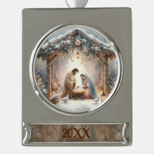 Rustic Nativity Scene with Winter Florals Card Silver Plated Banner Ornament