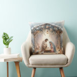 Rustic Nativity Scene with Winter Florals Cushion<br><div class="desc">This serene nativity scene captures the peaceful beauty of the Holy Family beneath a rustic wooden stable, gently lit by lanterns and surrounded by soft snowfall. The design features Mary, Joseph, and baby Jesus in a warm, reverent moment, accentuated by delicate winter florals, snow-covered pine branches, and glowing string lights....</div>