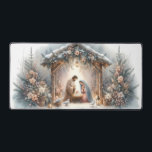 Rustic Nativity Scene with Winter Florals Desk Mat<br><div class="desc">This serene nativity scene captures the peaceful beauty of the Holy Family beneath a rustic wooden stable, gently lit by lanterns and surrounded by soft snowfall. The design features Mary, Joseph, and baby Jesus in a warm, reverent moment, accentuated by delicate winter florals, snow-covered pine branches, and glowing string lights....</div>
