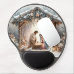 Rustic Nativity Scene with Winter Florals Gel Mouse Pad<br><div class="desc">This serene nativity scene captures the peaceful beauty of the Holy Family beneath a rustic wooden stable, gently lit by lanterns and surrounded by soft snowfall. The design features Mary, Joseph, and baby Jesus in a warm, reverent moment, accentuated by delicate winter florals, snow-covered pine branches, and glowing string lights....</div>