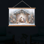 Rustic Nativity Scene with Winter Florals Hanging Tapestry<br><div class="desc">This serene nativity scene captures the peaceful beauty of the Holy Family beneath a rustic wooden stable, gently lit by lanterns and surrounded by soft snowfall. The design features Mary, Joseph, and baby Jesus in a warm, reverent moment, accentuated by delicate winter florals, snow-covered pine branches, and glowing string lights....</div>