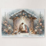 Rustic Nativity Scene with Winter Florals Jigsaw Puzzle<br><div class="desc">This serene nativity scene captures the peaceful beauty of the Holy Family beneath a rustic wooden stable, gently lit by lanterns and surrounded by soft snowfall. The design features Mary, Joseph, and baby Jesus in a warm, reverent moment, accentuated by delicate winter florals, snow-covered pine branches, and glowing string lights....</div>