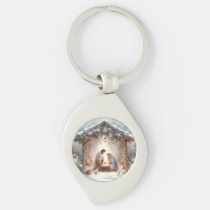 Rustic Nativity Scene with Winter Florals Key Ring