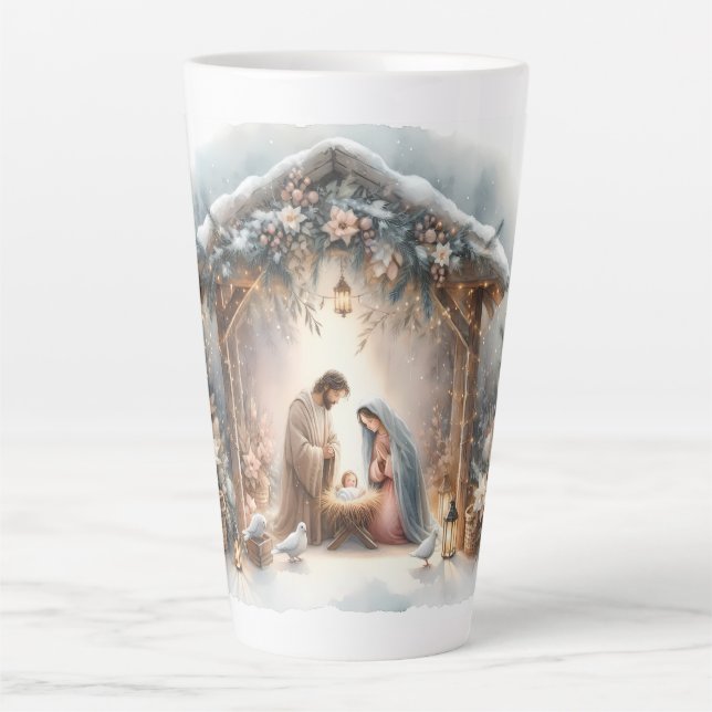 Rustic Nativity Scene with Winter Florals Latte Mug (Front)