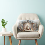 Rustic Nativity Scene with Winter Florals Lumbar Cushion<br><div class="desc">This serene nativity scene captures the peaceful beauty of the Holy Family beneath a rustic wooden stable, gently lit by lanterns and surrounded by soft snowfall. The design features Mary, Joseph, and baby Jesus in a warm, reverent moment, accentuated by delicate winter florals, snow-covered pine branches, and glowing string lights....</div>