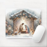 Rustic Nativity Scene with Winter Florals Mouse Pad<br><div class="desc">This serene nativity scene captures the peaceful beauty of the Holy Family beneath a rustic wooden stable, gently lit by lanterns and surrounded by soft snowfall. The design features Mary, Joseph, and baby Jesus in a warm, reverent moment, accentuated by delicate winter florals, snow-covered pine branches, and glowing string lights....</div>
