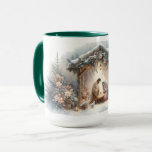 Rustic Nativity Scene with Winter Florals Mug<br><div class="desc">This serene nativity scene captures the peaceful beauty of the Holy Family beneath a rustic wooden stable, gently lit by lanterns and surrounded by soft snowfall. The design features Mary, Joseph, and baby Jesus in a warm, reverent moment, accentuated by delicate winter florals, snow-covered pine branches, and glowing string lights....</div>