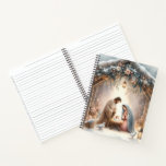 Rustic Nativity Scene with Winter Florals Notebook<br><div class="desc">This serene nativity scene captures the peaceful beauty of the Holy Family beneath a rustic wooden stable, gently lit by lanterns and surrounded by soft snowfall. The design features Mary, Joseph, and baby Jesus in a warm, reverent moment, accentuated by delicate winter florals, snow-covered pine branches, and glowing string lights....</div>