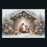 Rustic Nativity Scene with Winter Florals Poster<br><div class="desc">This serene nativity scene captures the peaceful beauty of the Holy Family beneath a rustic wooden stable, gently lit by lanterns and surrounded by soft snowfall. The design features Mary, Joseph, and baby Jesus in a warm, reverent moment, accentuated by delicate winter florals, snow-covered pine branches, and glowing string lights....</div>