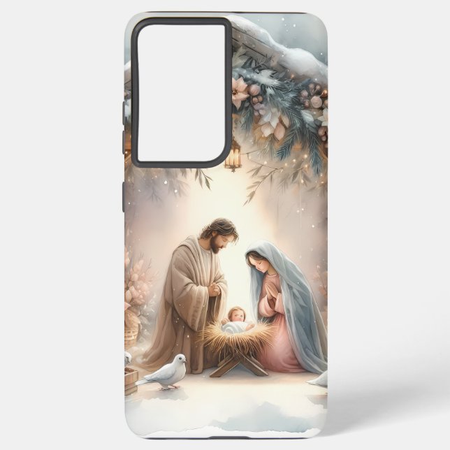 Rustic Nativity Scene with Winter Florals Samsung Galaxy S21+ Case (Back)