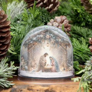Rustic Nativity Scene with Winter Florals Snowglobe