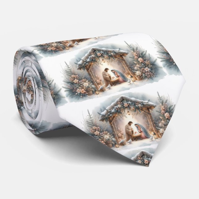 Rustic Nativity Scene with Winter Florals Tie (Rolled)