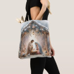 Rustic Nativity Scene with Winter Florals Tote Bag<br><div class="desc">This serene nativity scene captures the peaceful beauty of the Holy Family beneath a rustic wooden stable, gently lit by lanterns and surrounded by soft snowfall. The design features Mary, Joseph, and baby Jesus in a warm, reverent moment, accentuated by delicate winter florals, snow-covered pine branches, and glowing string lights....</div>