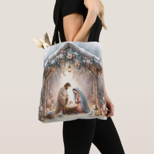 Rustic Nativity Scene with Winter Florals Tote Bag