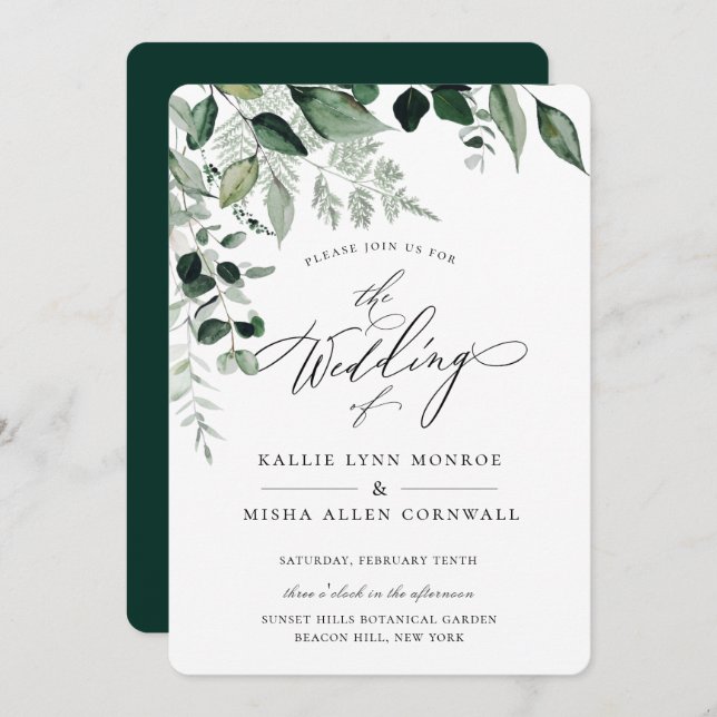 Rustic Natural Botanic Foliage Calligraphy Wedding Invitation (Front/Back)