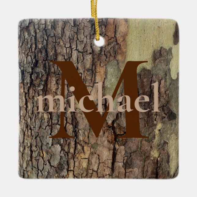 Rustic natural distressed tree bark forest trees  ceramic ornament (Front)