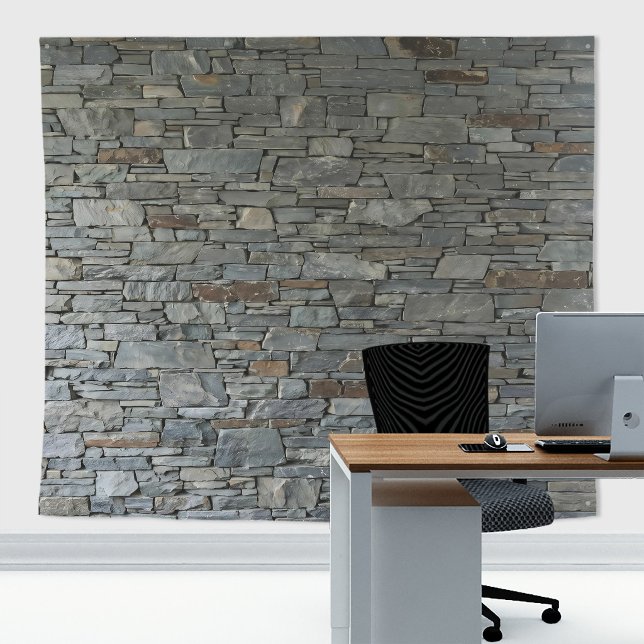 Rustic Natural Grey Orange Stone Slate Wall Tapestry (Gray slates stone wall tapestry decor with stone  texture for zoom meetings backdrop or home decor)