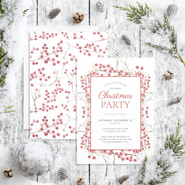 Rustic Natural Red Berry Christmas Party Invitation (Creator Uploaded)