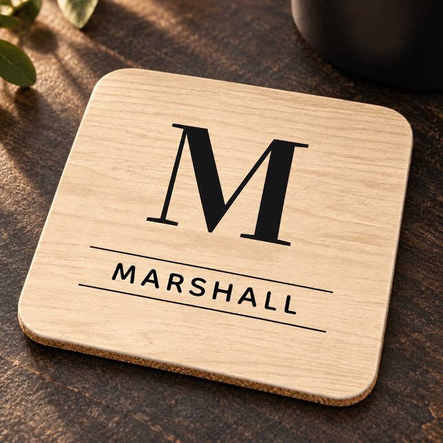 Rustic Natural Wood Serif Monogram Name Coaster (Creator Uploaded)