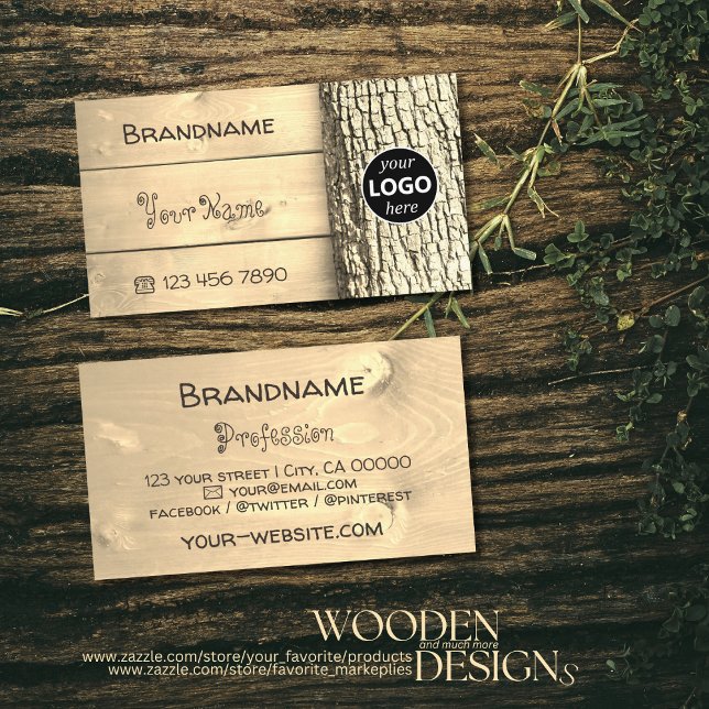 Rustic Natural Wooden Boards Tree Bark Grain Logo Business Card (Creator Uploaded)