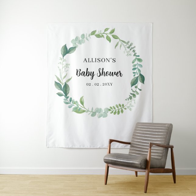 Rustic Nature Greenery Baby Shower Backdrop Tapestry (In Situ)