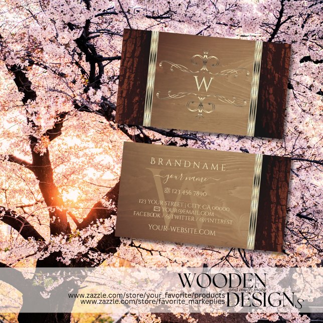 Rustic Nature Tree Bark Grain Gold Border Monogram Business Card (Creator Uploaded)