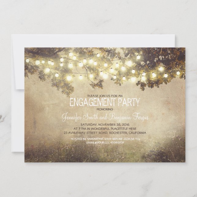 rustic nature tree branch lights engagement party invitation (Front)