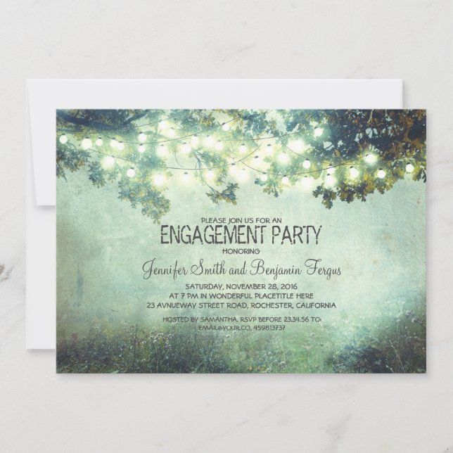 rustic nature tree branch lights engagement party invitation (Front)