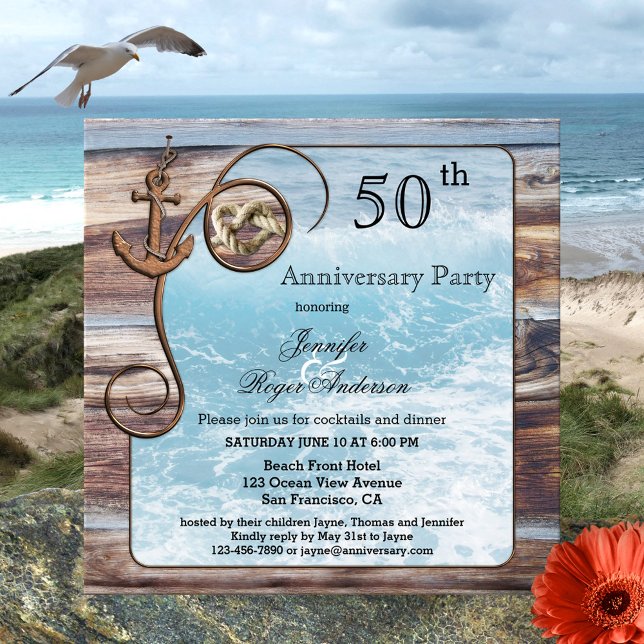 Rustic Nautical Anniversary Invitation (Wedding anniversary invitation featuring ocean waves framed by rustic wood, an anchor and tied knot)