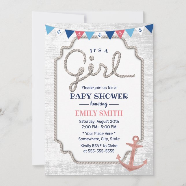 Rustic Nautical Baby Girl Shower Rose Gold Anchor Invitation (Front)