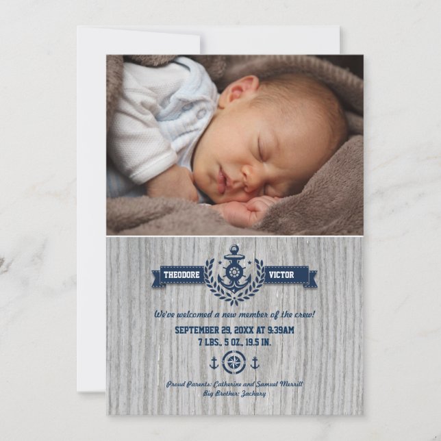 Rustic Nautical Baby Photo Birth Announcement (Front)