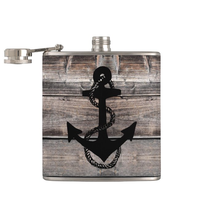 rustic nautical background with ANCHOR | Hip Flask (Opened)