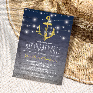 Rustic Nautical Blue Gold Mens Birthday Party Invitation