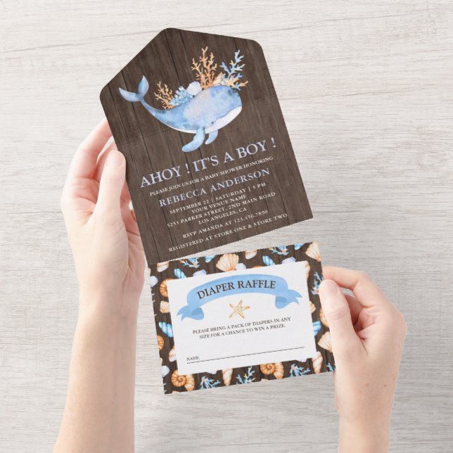 Rustic Nautical Blue Whale Wood Baby Shower All In One Invitation (Tearaway)