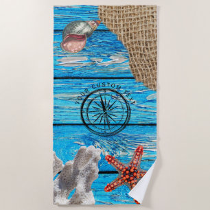 Rustic Nautical Blue Wood Burlap Starfish Beach Towel