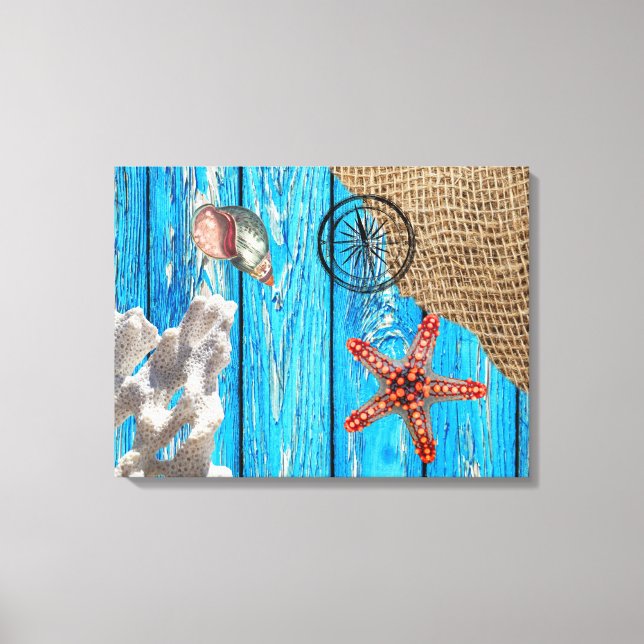 Rustic Nautical Blue Wood Burlap Starfish Canvas Print (Front)