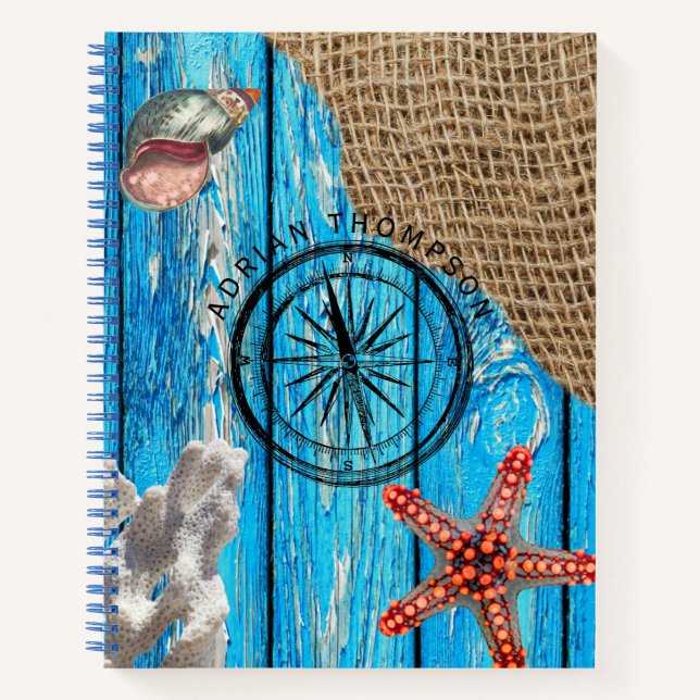 Rustic Nautical Blue Wood Burlap Starfish Notebook (Front)